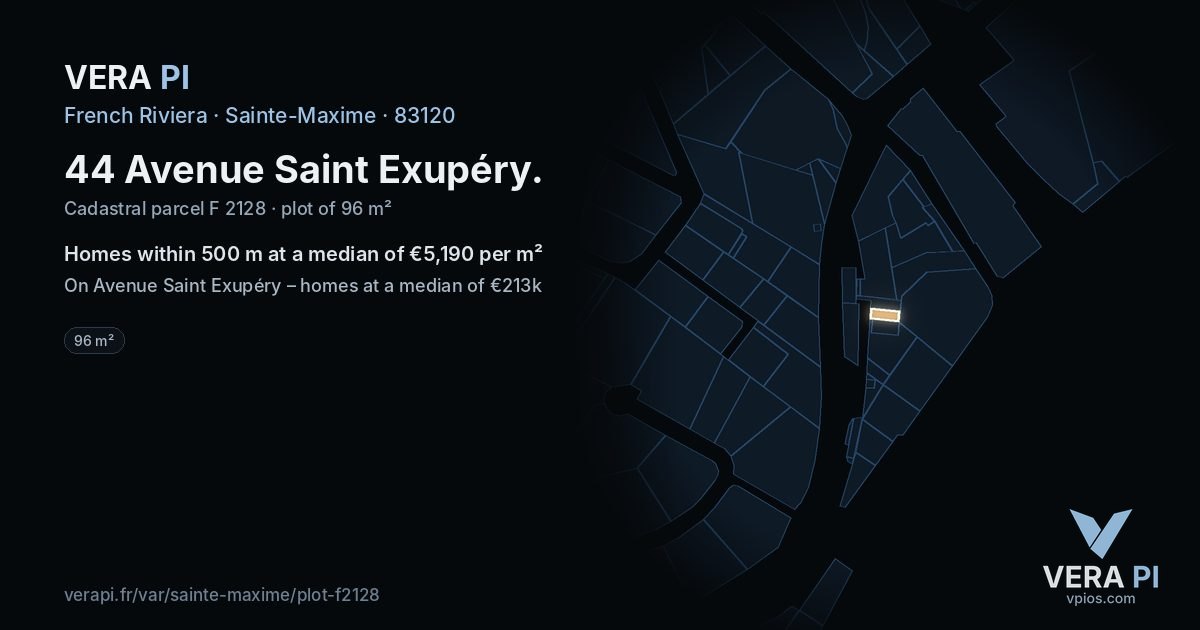 44 Avenue Saint Exupéry, Sainte-Maxime at night – the plot lit, the parcels around coloured by the prices near them
