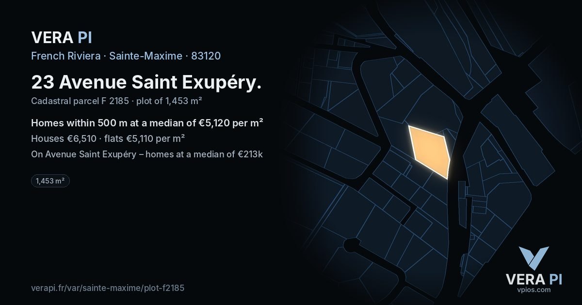 23 Avenue Saint Exupéry, Sainte-Maxime at night – the plot lit, the parcels around coloured by the prices near them