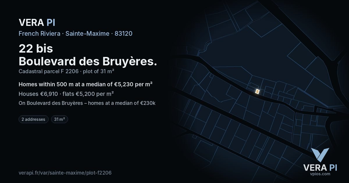 22 bis Boulevard des Bruyères, Sainte-Maxime at night – the plot lit, the parcels around coloured by the prices near them