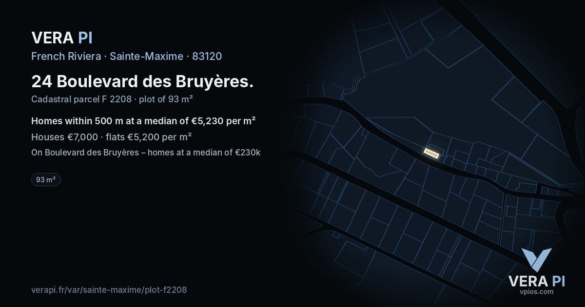 24 Boulevard des Bruyères, Sainte-Maxime at night – the plot lit, the parcels around coloured by the prices near them