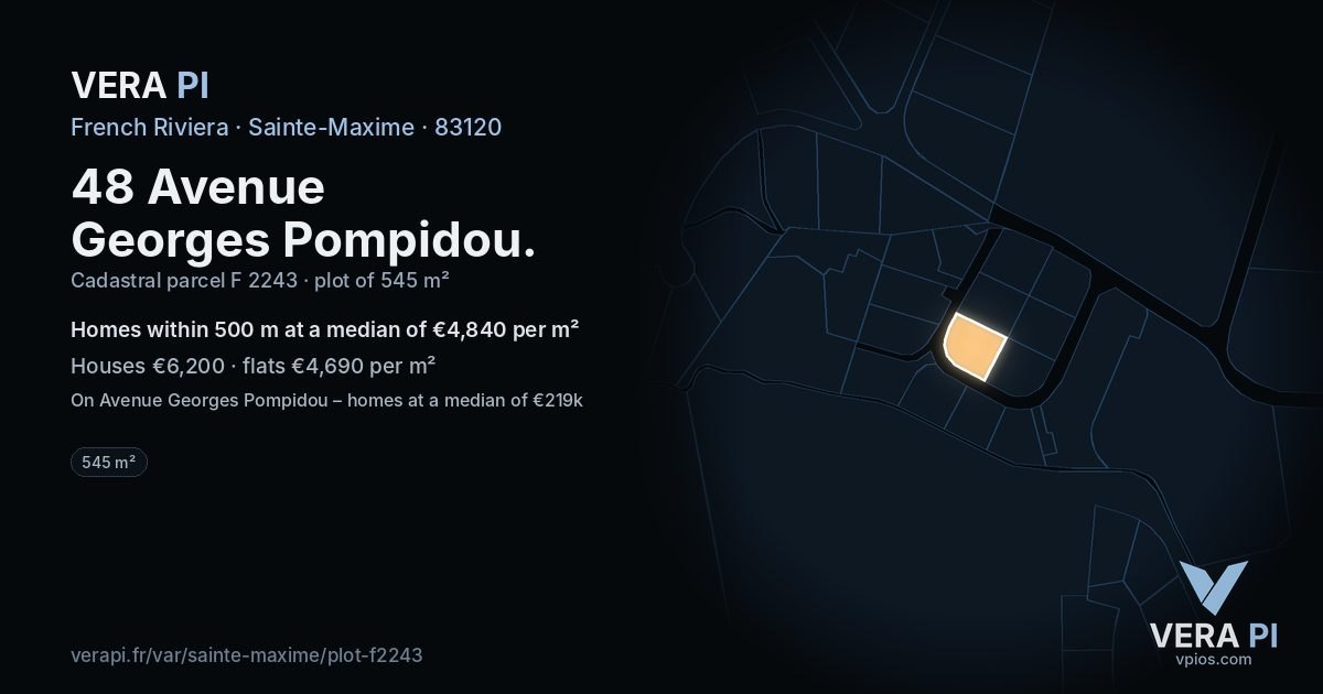 48 Avenue Georges Pompidou, Sainte-Maxime at night – the plot lit, the parcels around coloured by the prices near them