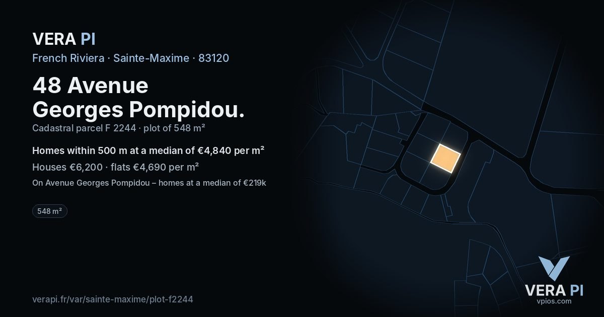 48 Avenue Georges Pompidou, Sainte-Maxime at night – the plot lit, the parcels around coloured by the prices near them