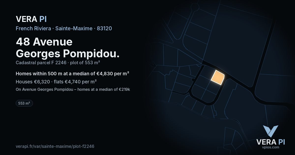 48 Avenue Georges Pompidou, Sainte-Maxime at night – the plot lit, the parcels around coloured by the prices near them