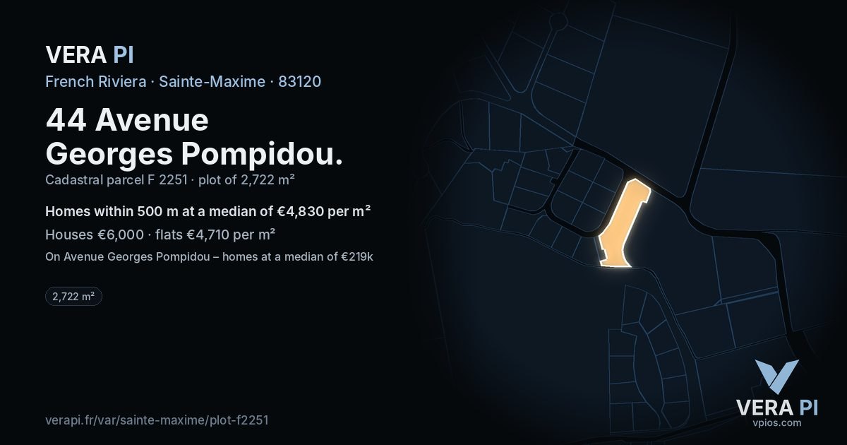 44 Avenue Georges Pompidou, Sainte-Maxime at night – the plot lit, the parcels around coloured by the prices near them