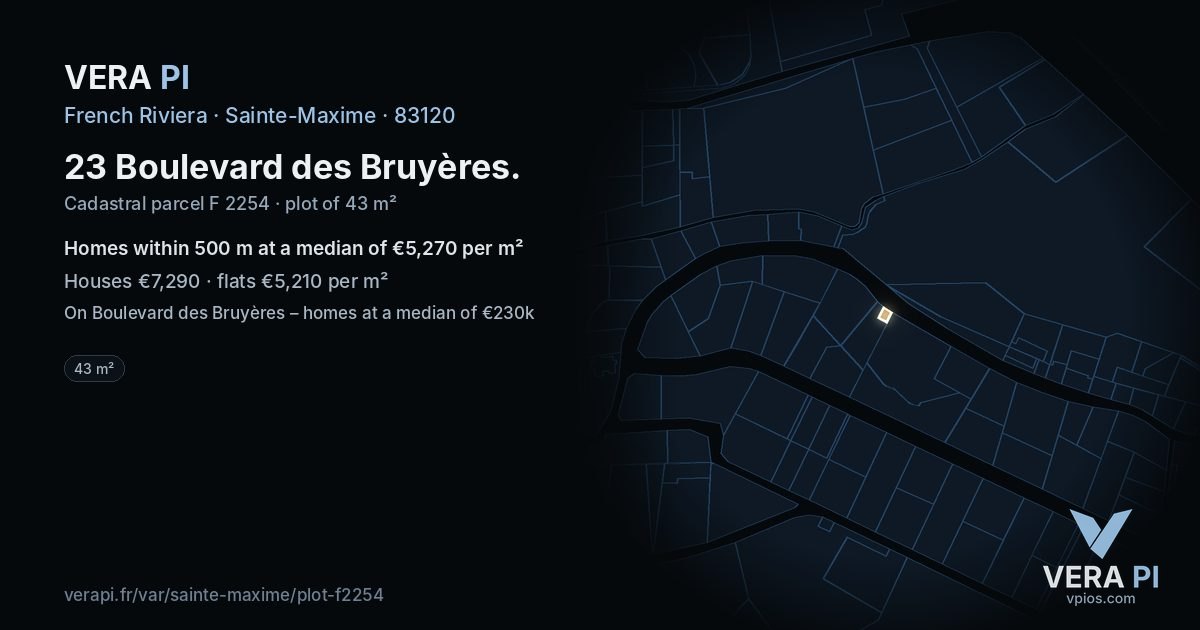 23 Boulevard des Bruyères, Sainte-Maxime at night – the plot lit, the parcels around coloured by the prices near them