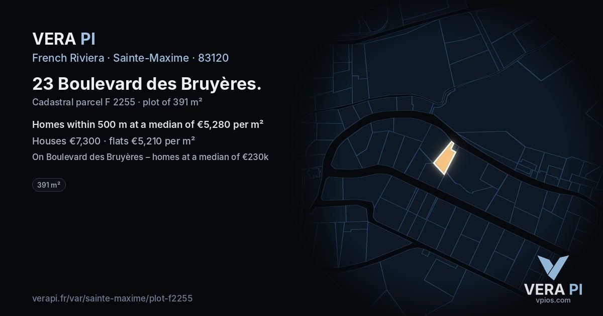 23 Boulevard des Bruyères, Sainte-Maxime at night – the plot lit, the parcels around coloured by the prices near them