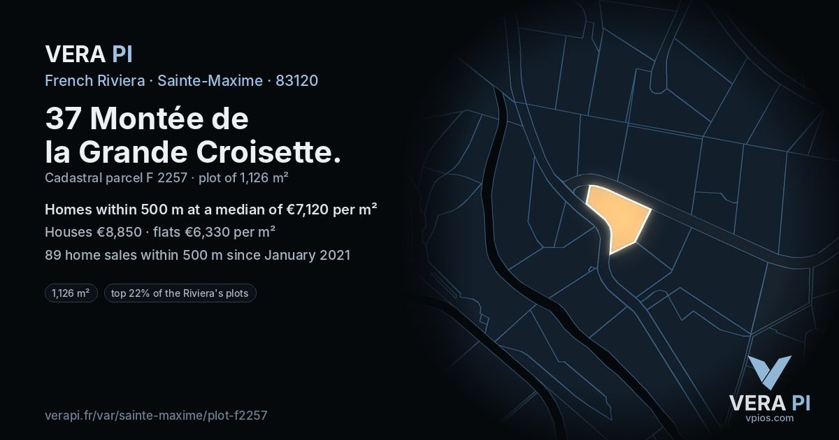 37 Montée de la Grande Croisette, Sainte-Maxime at night – the plot lit, the parcels around coloured by the prices near them