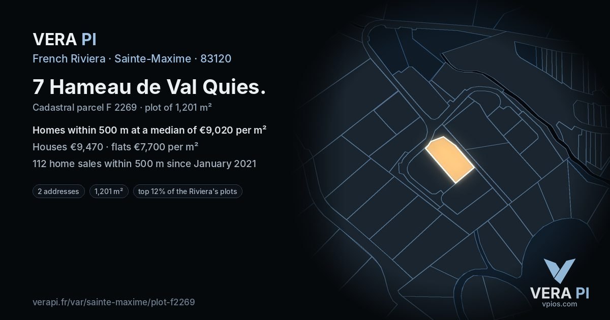 7 Hameau de Val Quies, Sainte-Maxime at night – the plot lit, the parcels around coloured by the prices near them