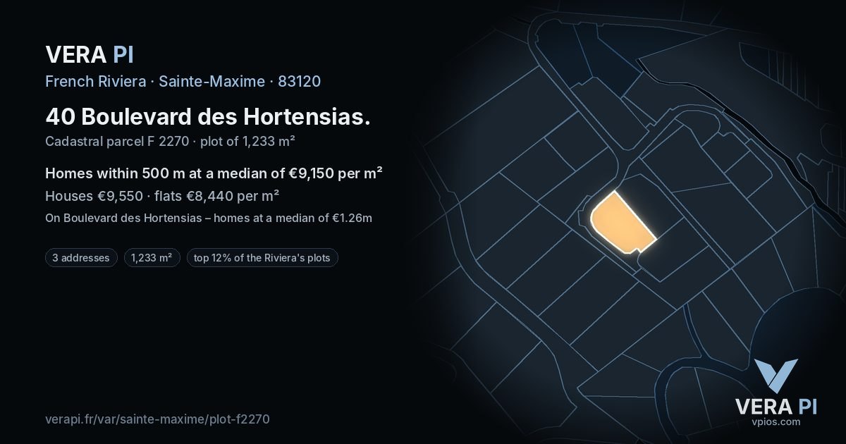 40 Boulevard des Hortensias, Sainte-Maxime at night – the plot lit, the parcels around coloured by the prices near them