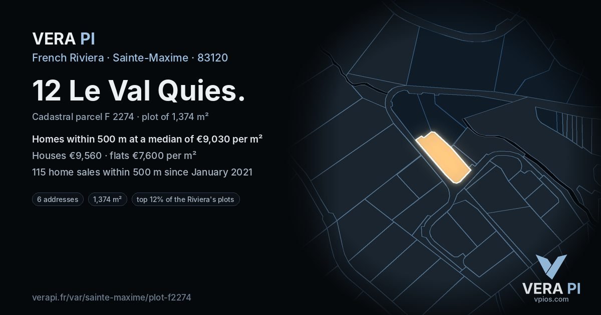 12 Le Val Quies, Sainte-Maxime at night – the plot lit, the parcels around coloured by the prices near them