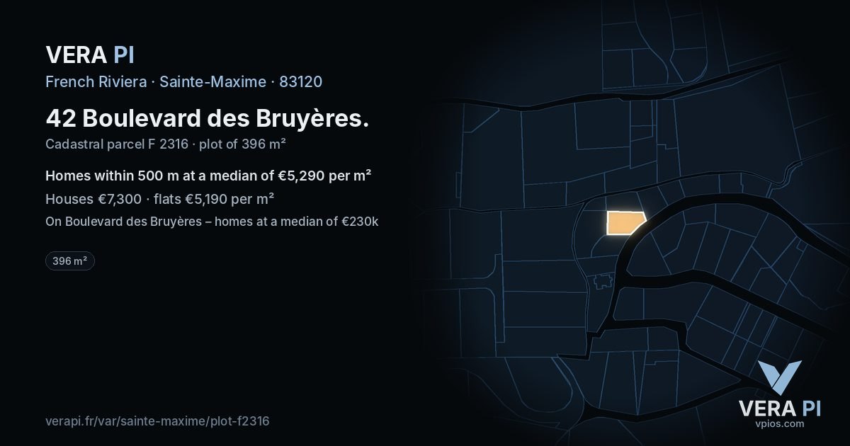 42 Boulevard des Bruyères, Sainte-Maxime at night – the plot lit, the parcels around coloured by the prices near them