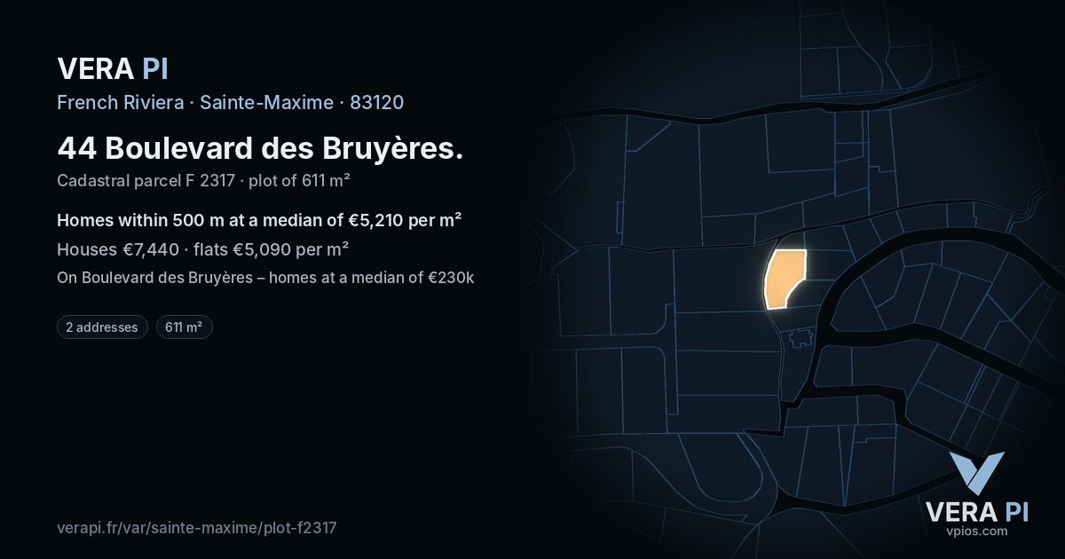 44 Boulevard des Bruyères, Sainte-Maxime at night – the plot lit, the parcels around coloured by the prices near them