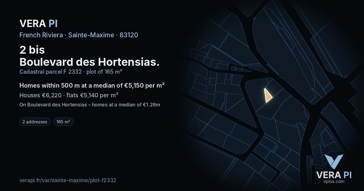 2 bis Boulevard des Hortensias, Sainte-Maxime at night – the plot lit, the parcels around coloured by the prices near them