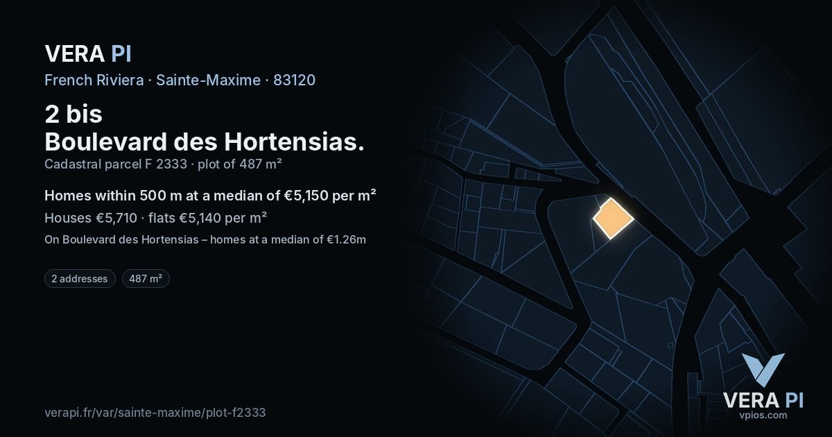 2 bis Boulevard des Hortensias, Sainte-Maxime at night – the plot lit, the parcels around coloured by the prices near them
