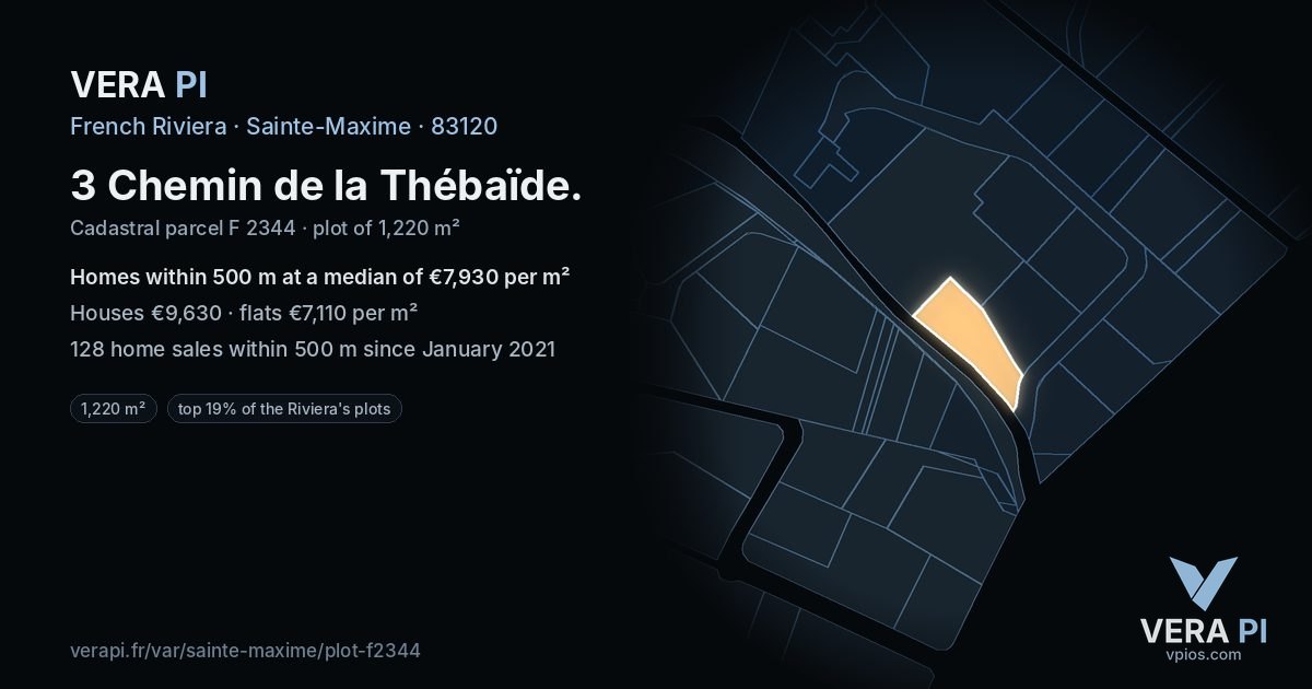 3 Chemin de la Thébaïde, Sainte-Maxime at night – the plot lit, the parcels around coloured by the prices near them