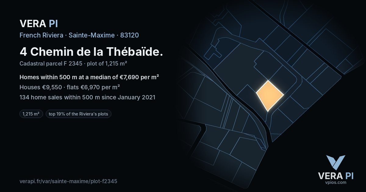 4 Chemin de la Thébaïde, Sainte-Maxime at night – the plot lit, the parcels around coloured by the prices near them