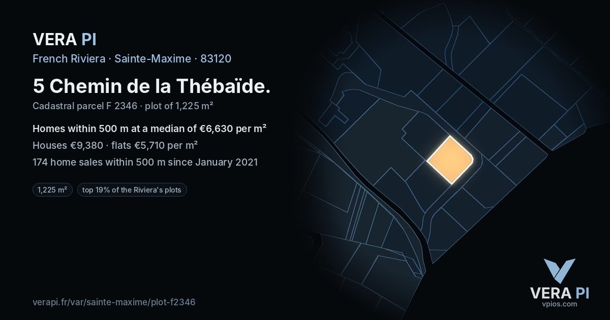 5 Chemin de la Thébaïde, Sainte-Maxime at night – the plot lit, the parcels around coloured by the prices near them