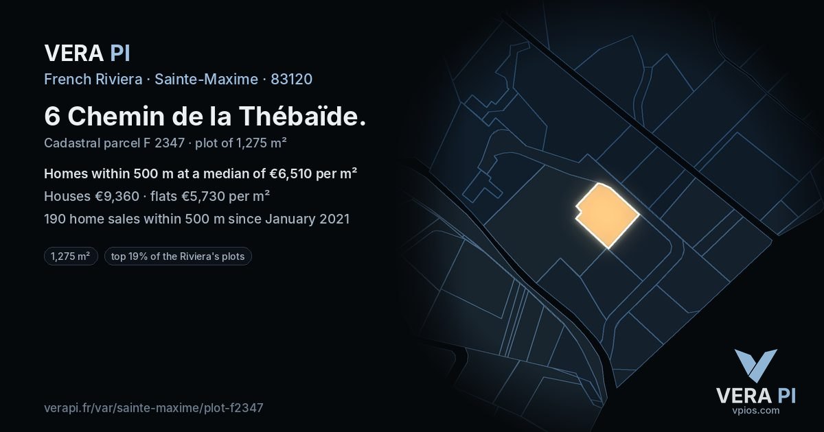 6 Chemin de la Thébaïde, Sainte-Maxime at night – the plot lit, the parcels around coloured by the prices near them