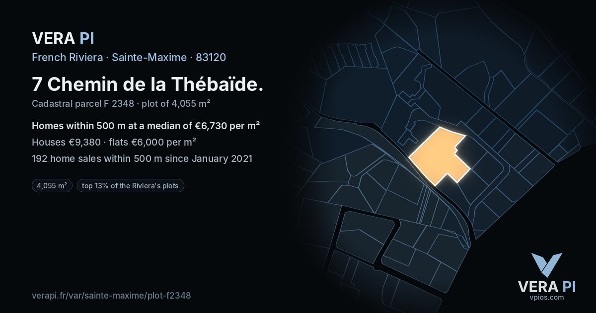 7 Chemin de la Thébaïde, Sainte-Maxime at night – the plot lit, the parcels around coloured by the prices near them