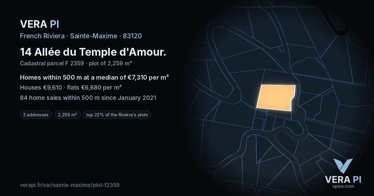 14 Allée du Temple d'Amour, Sainte-Maxime at night – the plot lit, the parcels around coloured by the prices near them