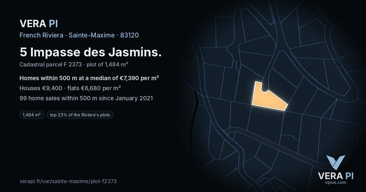 5 Impasse des Jasmins, Sainte-Maxime at night – the plot lit, the parcels around coloured by the prices near them