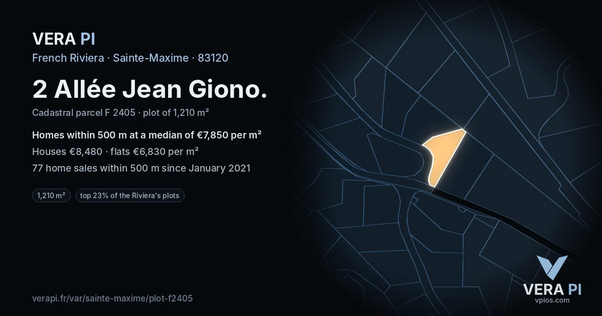 2 Allée Jean Giono, Sainte-Maxime at night – the plot lit, the parcels around coloured by the prices near them