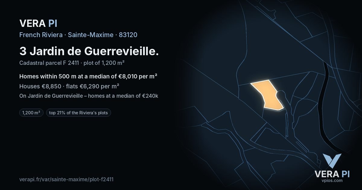 3 Jardin de Guerrevieille, Sainte-Maxime at night – the plot lit, the parcels around coloured by the prices near them