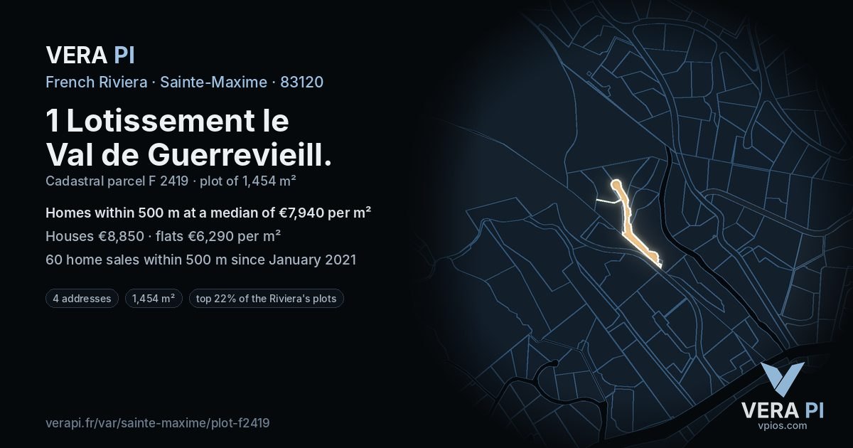 1 Lotissement le Val de Guerrevieill, Sainte-Maxime at night – the plot lit, the parcels around coloured by the prices near them