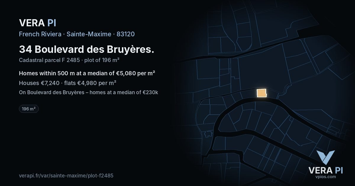 34 Boulevard des Bruyères, Sainte-Maxime at night – the plot lit, the parcels around coloured by the prices near them