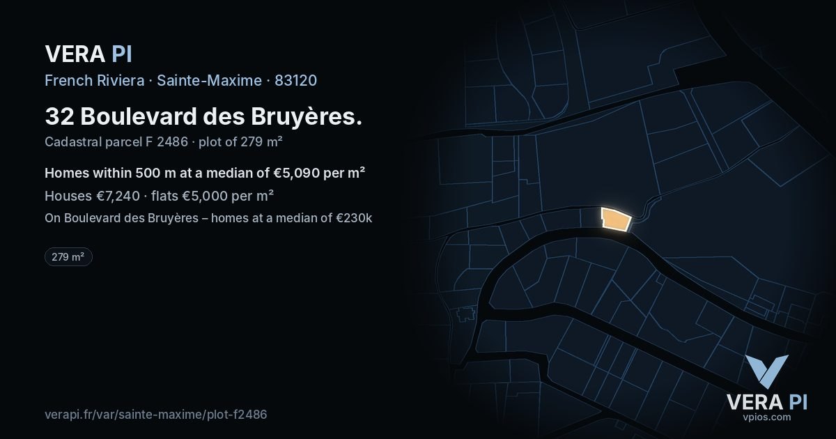 32 Boulevard des Bruyères, Sainte-Maxime at night – the plot lit, the parcels around coloured by the prices near them