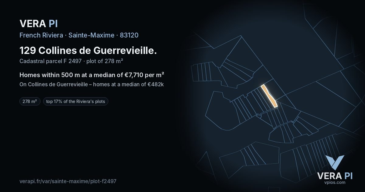 129 Collines de Guerrevieille, Sainte-Maxime at night – the plot lit, the parcels around coloured by the prices near them