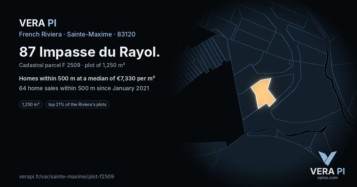 87 Impasse du Rayol, Sainte-Maxime at night – the plot lit, the parcels around coloured by the prices near them