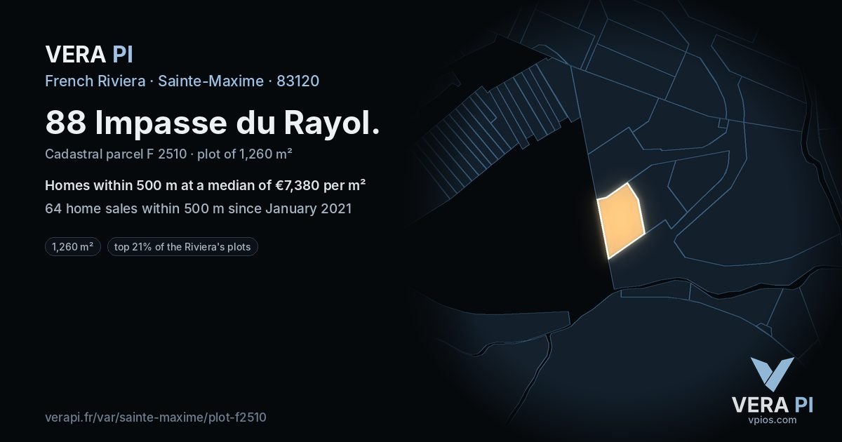 88 Impasse du Rayol, Sainte-Maxime at night – the plot lit, the parcels around coloured by the prices near them