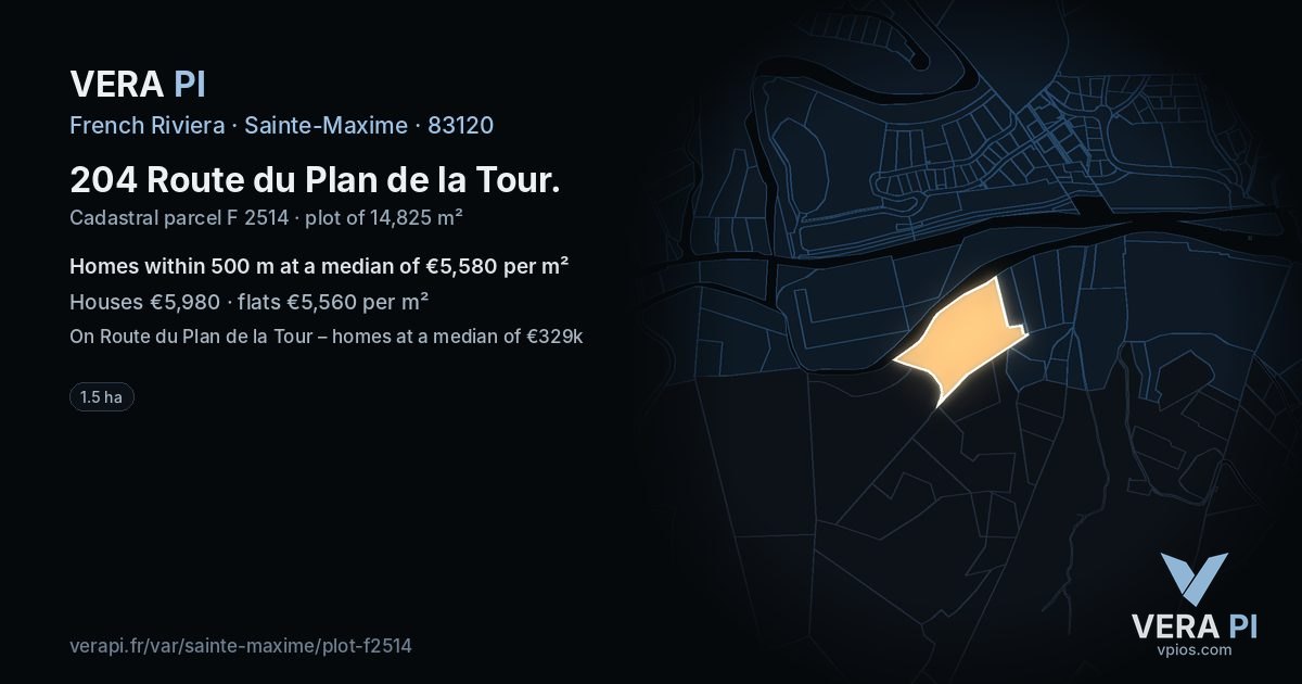 204 Route du Plan de la Tour, Sainte-Maxime at night – the plot lit, the parcels around coloured by the prices near them