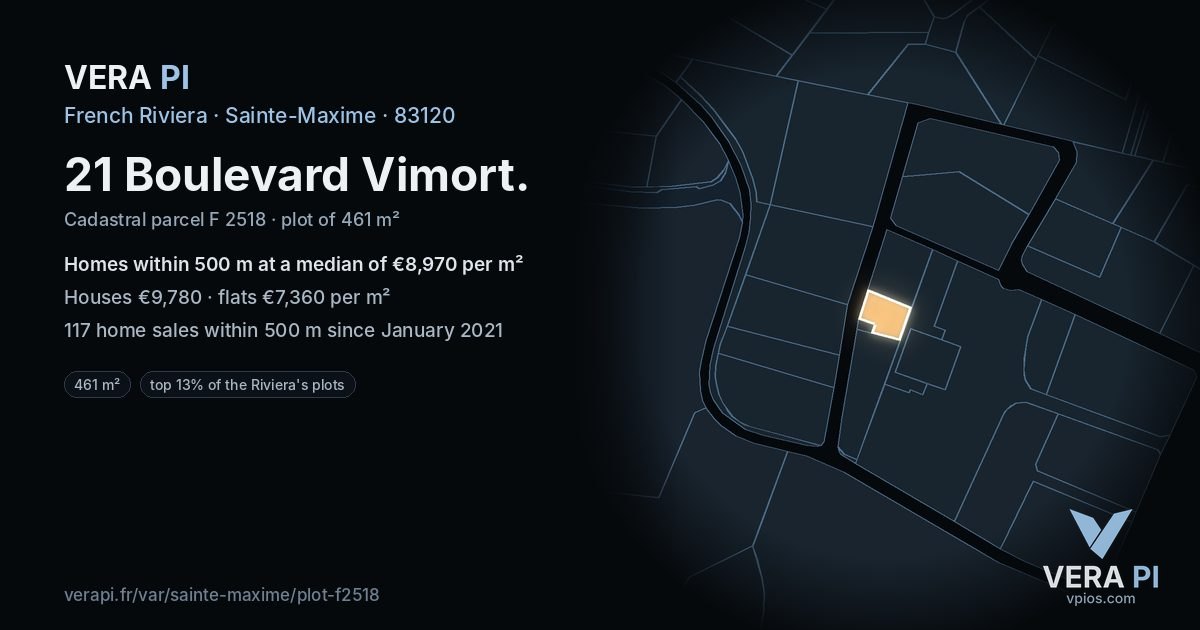 21 Boulevard Vimort, Sainte-Maxime at night – the plot lit, the parcels around coloured by the prices near them