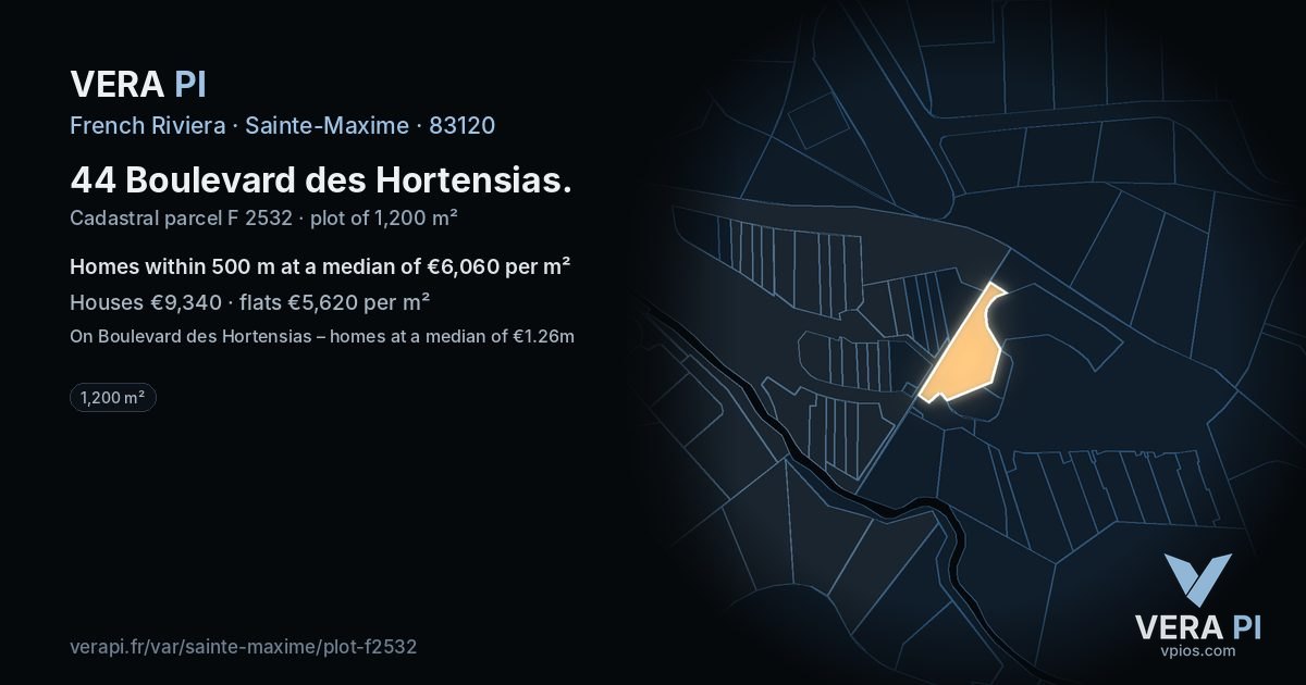 44 Boulevard des Hortensias, Sainte-Maxime at night – the plot lit, the parcels around coloured by the prices near them