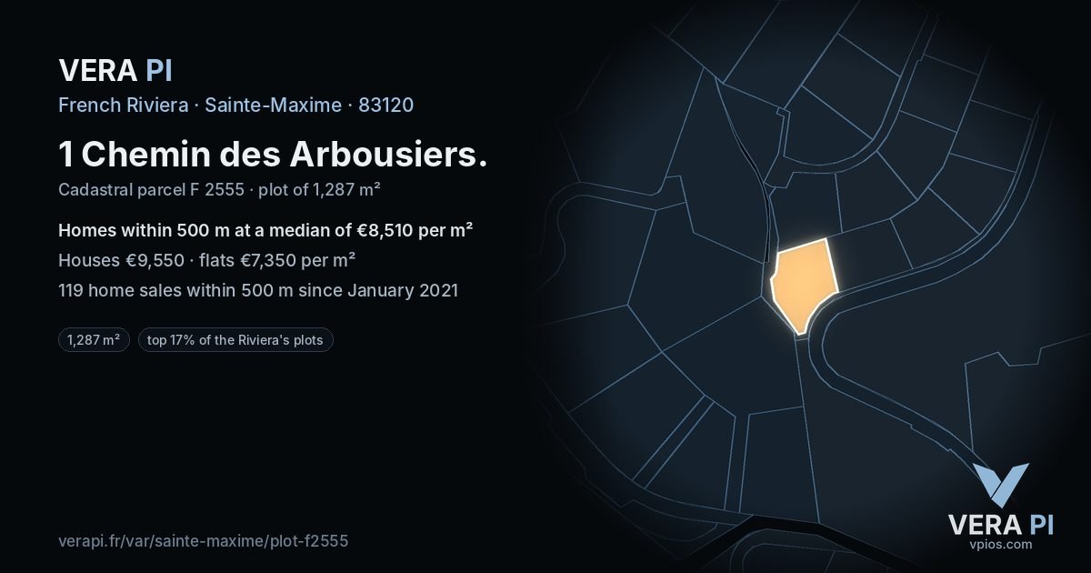 1 Chemin des Arbousiers, Sainte-Maxime at night – the plot lit, the parcels around coloured by the prices near them