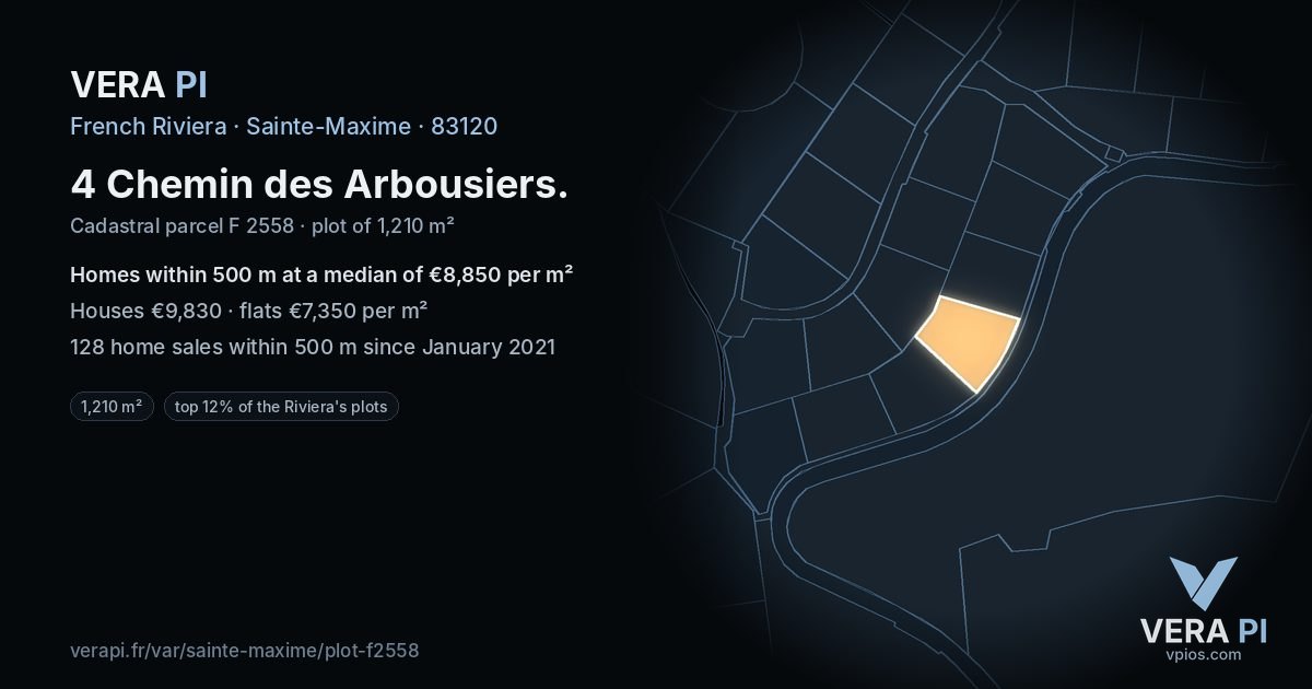 4 Chemin des Arbousiers, Sainte-Maxime at night – the plot lit, the parcels around coloured by the prices near them