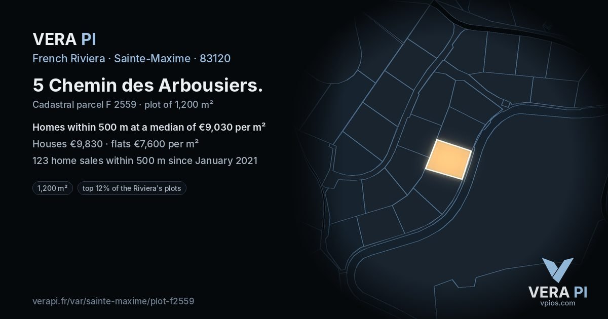 5 Chemin des Arbousiers, Sainte-Maxime at night – the plot lit, the parcels around coloured by the prices near them