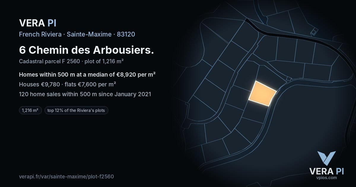 6 Chemin des Arbousiers, Sainte-Maxime at night – the plot lit, the parcels around coloured by the prices near them