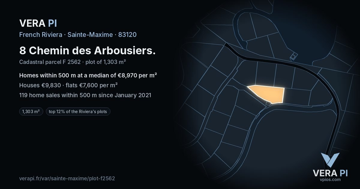 8 Chemin des Arbousiers, Sainte-Maxime at night – the plot lit, the parcels around coloured by the prices near them