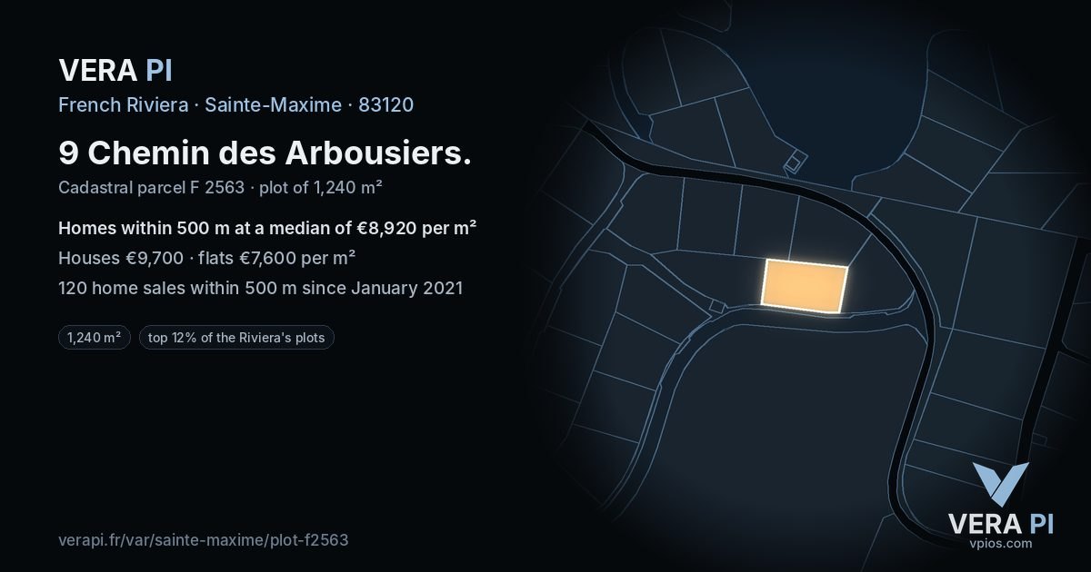 9 Chemin des Arbousiers, Sainte-Maxime at night – the plot lit, the parcels around coloured by the prices near them