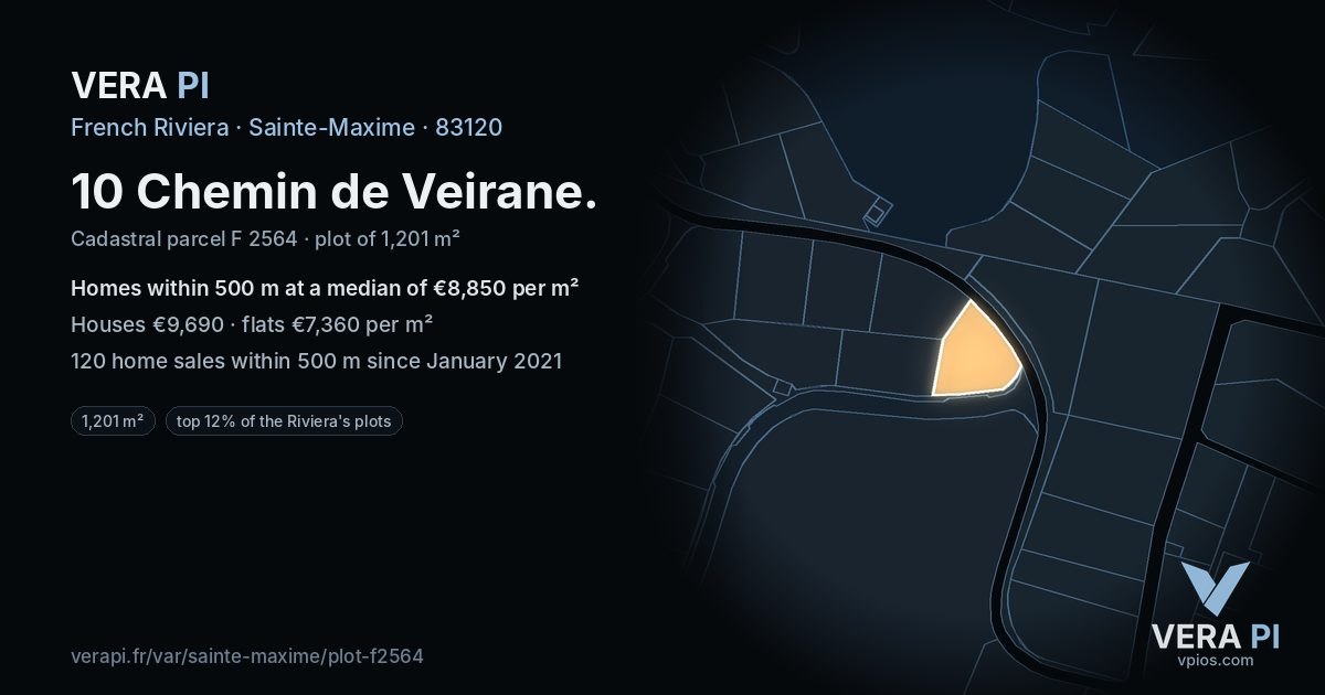 10 Chemin de Veirane, Sainte-Maxime at night – the plot lit, the parcels around coloured by the prices near them