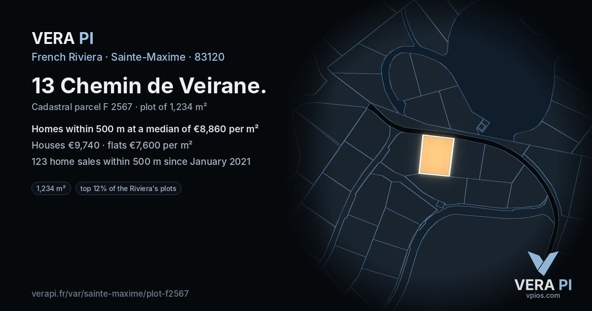 13 Chemin de Veirane, Sainte-Maxime at night – the plot lit, the parcels around coloured by the prices near them
