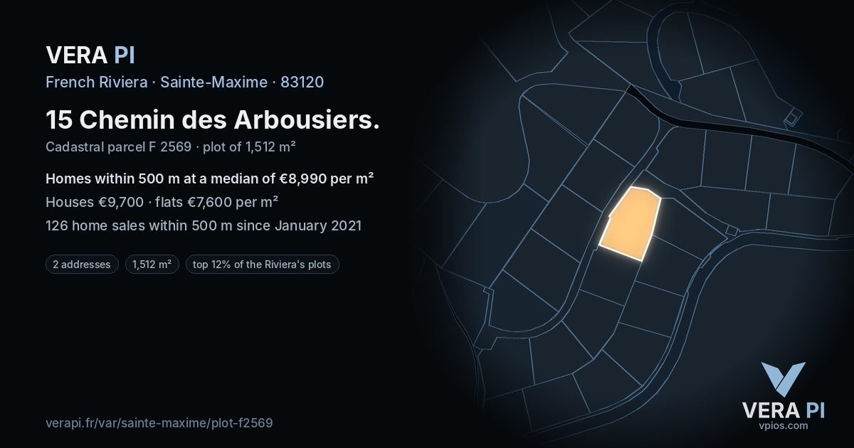 15 Chemin des Arbousiers, Sainte-Maxime at night – the plot lit, the parcels around coloured by the prices near them