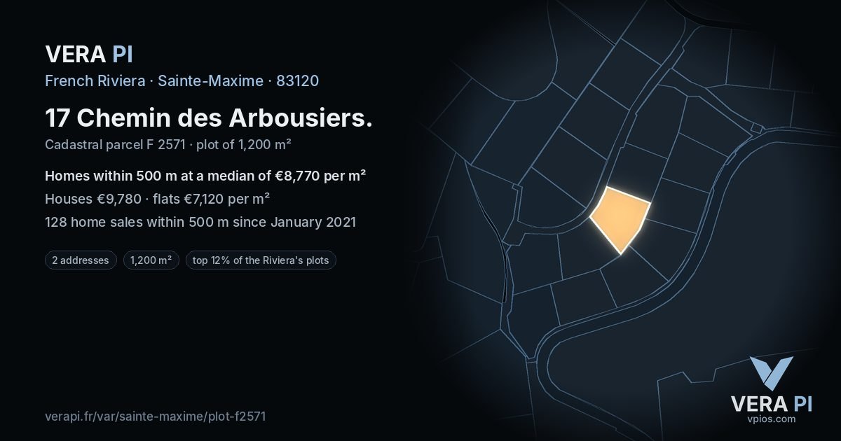 17 Chemin des Arbousiers, Sainte-Maxime at night – the plot lit, the parcels around coloured by the prices near them