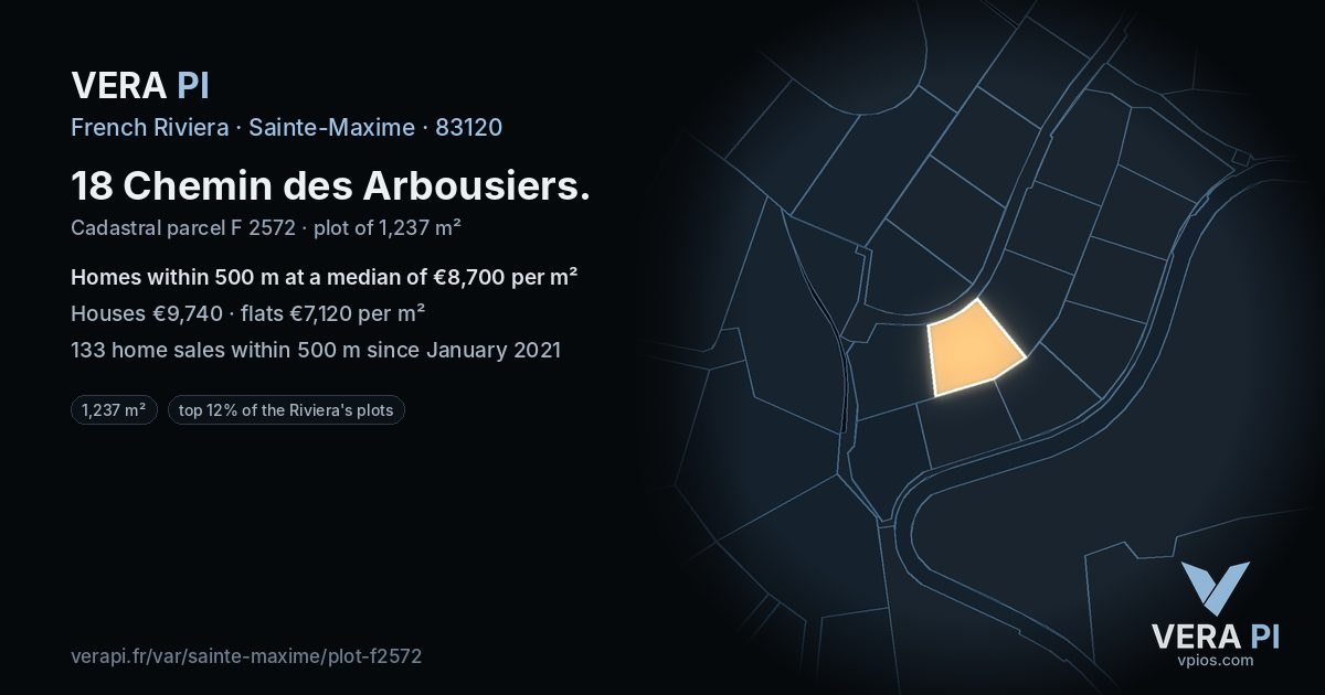 18 Chemin des Arbousiers, Sainte-Maxime at night – the plot lit, the parcels around coloured by the prices near them