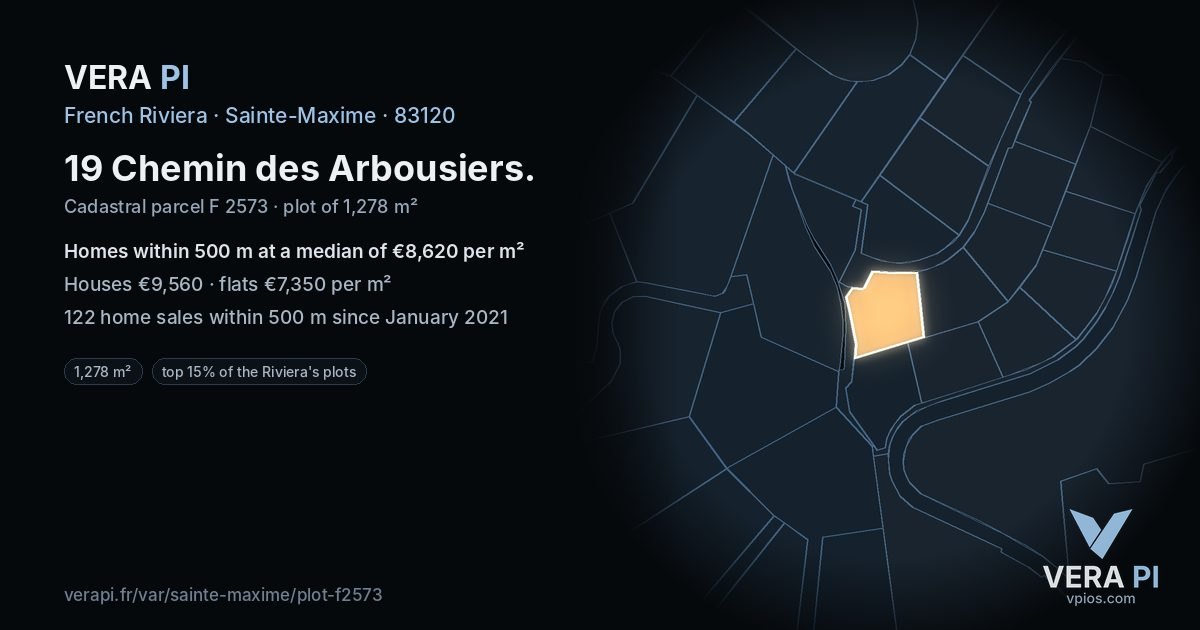 19 Chemin des Arbousiers, Sainte-Maxime at night – the plot lit, the parcels around coloured by the prices near them