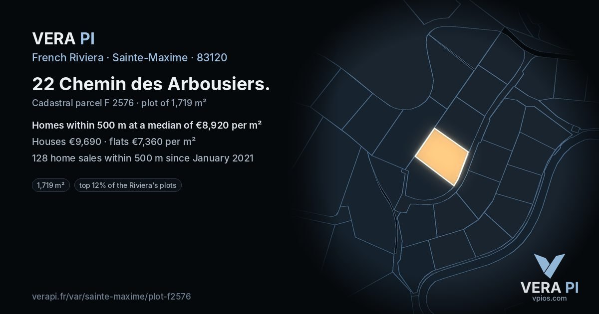 22 Chemin des Arbousiers, Sainte-Maxime at night – the plot lit, the parcels around coloured by the prices near them
