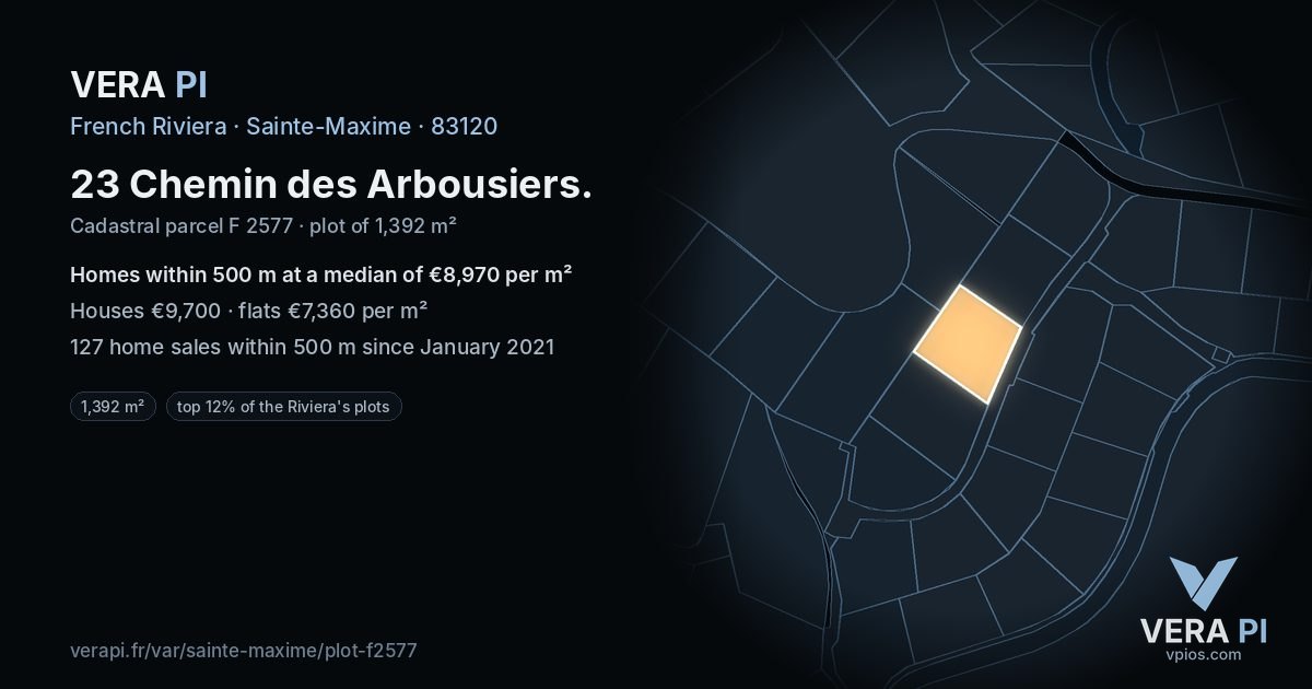 23 Chemin des Arbousiers, Sainte-Maxime at night – the plot lit, the parcels around coloured by the prices near them